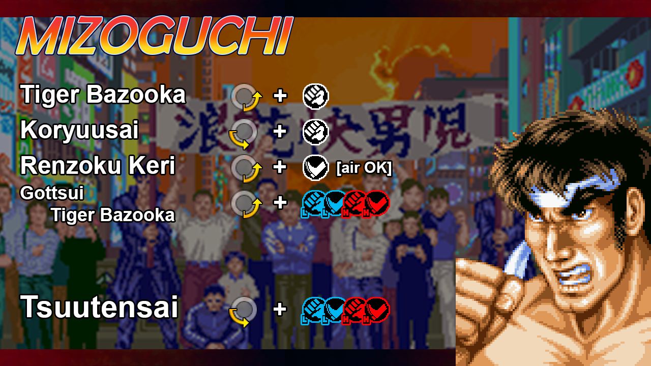 Makoto Mizoguchi card showing his special move inputs.